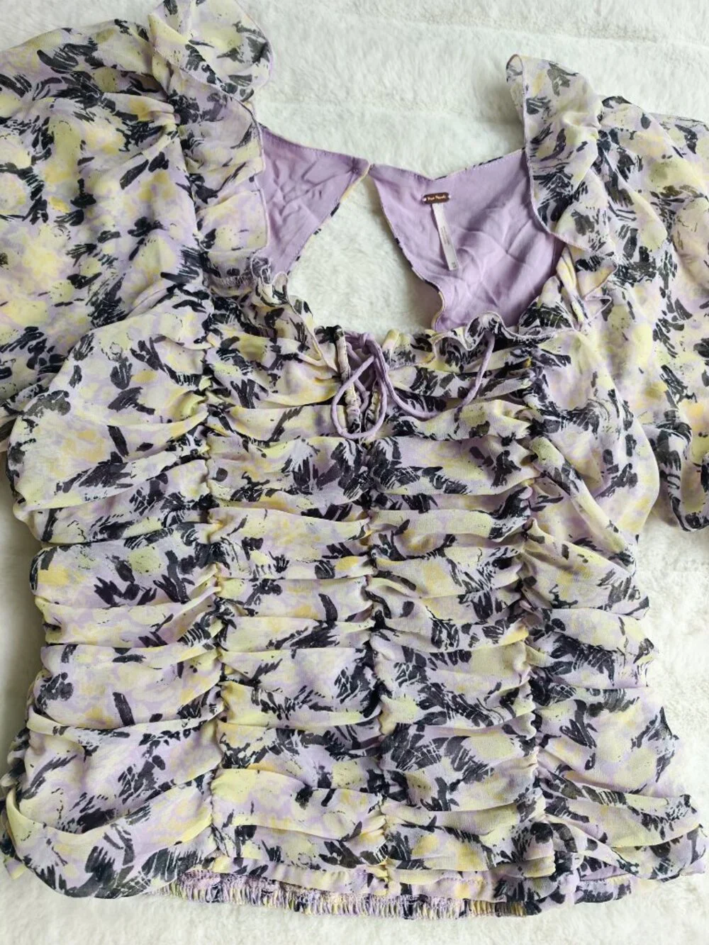 Free People Floral Ruched Blouse Top Puff Sleeve Tie Front Cottagecore Boho M - Picture 12 of 16